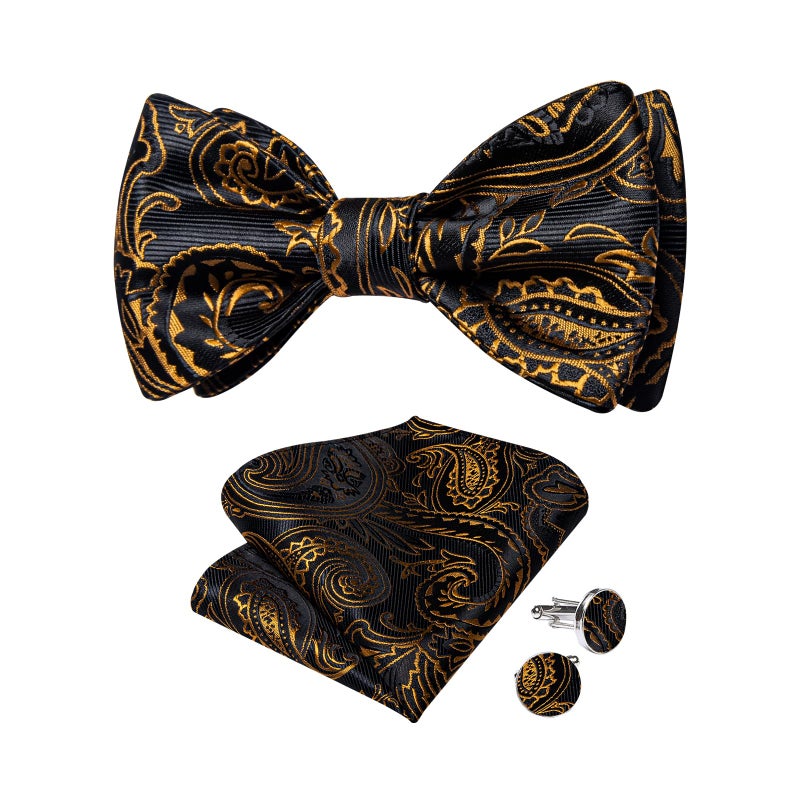 DiBanGu Mens Silk Self Bow Ties,Woven Solid Striped Paisley Bowtie and Pocket Square Cufflinks Set for Men Tuxedo Wedding, Gold and Black - Image 1